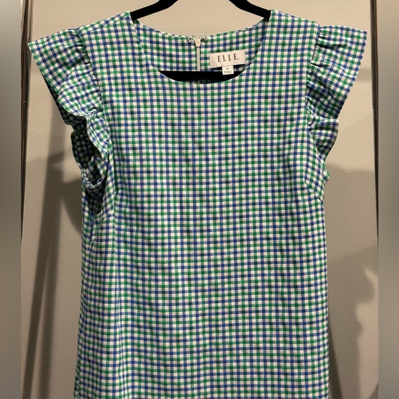 Elle Blue, Green, & White Gingham Print Midi Short Sleeve Dress Size M - Picture 6 of 16
